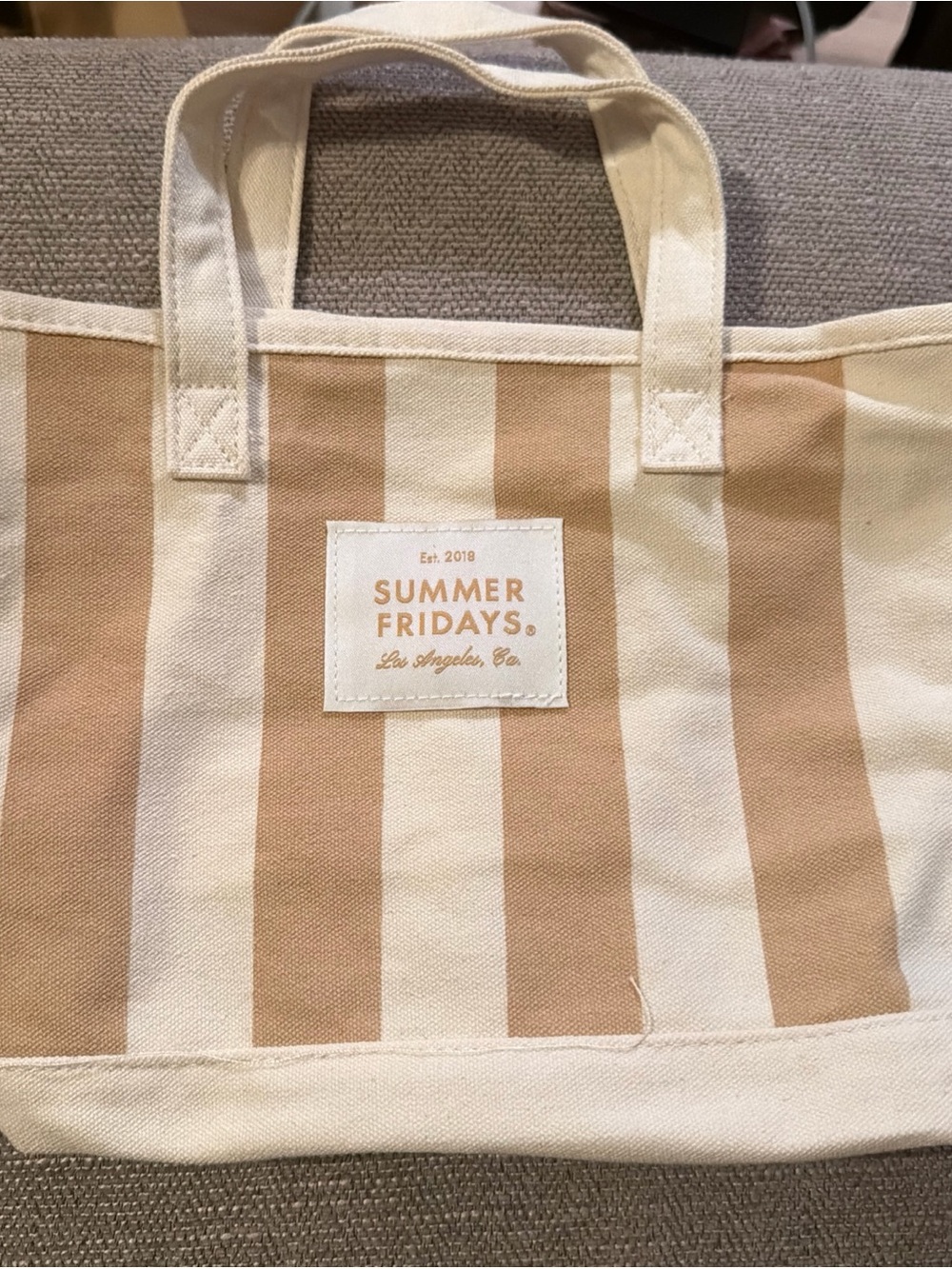 Summer Fridays Beige & Cream Striped Canvas Tote
